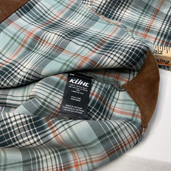 Plaid Flannel Shirt Corduroy Trim Button Up Collared Long Sleeve Green - Picture 10 of 11